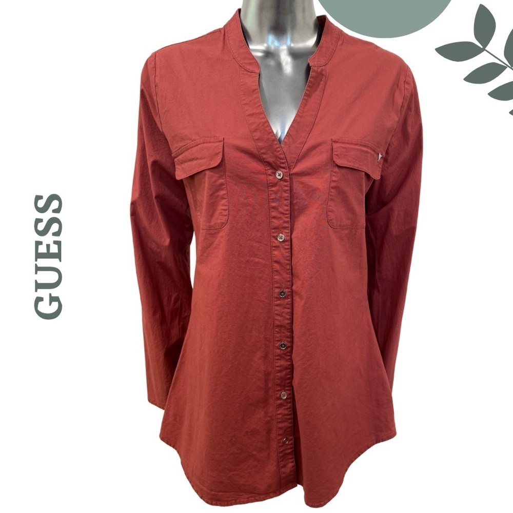 GUESS Rust Red Utility Blouse Long Sleeve V Neck– Size Medium